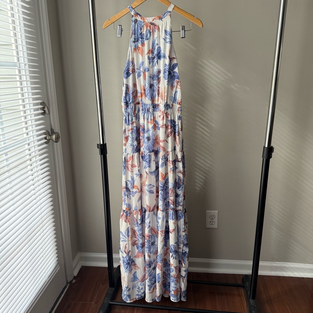 White Floral Halter Maxi Dress Blue & Coral Print Women’s Sz M Boho Cottagecore